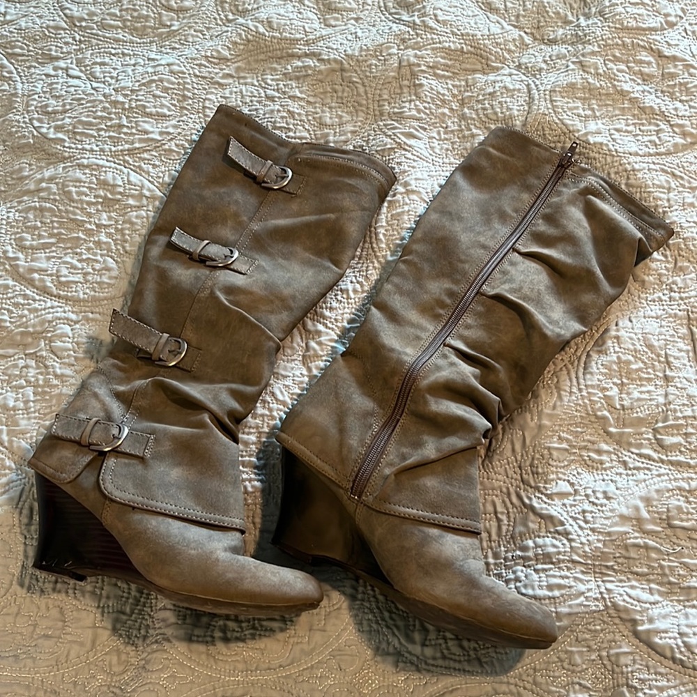 Unionbay taupe knee high wedged boots with strap & buckle accent. Size 10